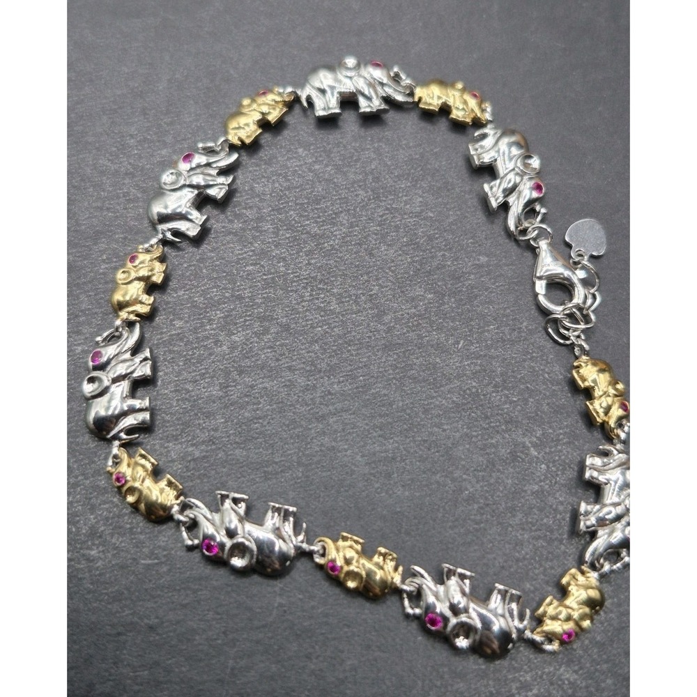 7'' New Condition Two Tone Sterling Silver Elephant Bracelet Lab Ruby K1